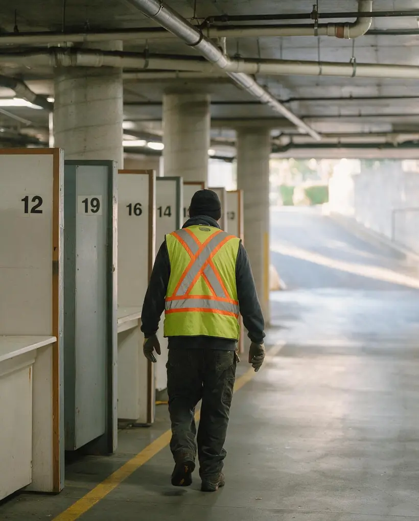 A worker walking a line of numbered stalls in an underground parkade