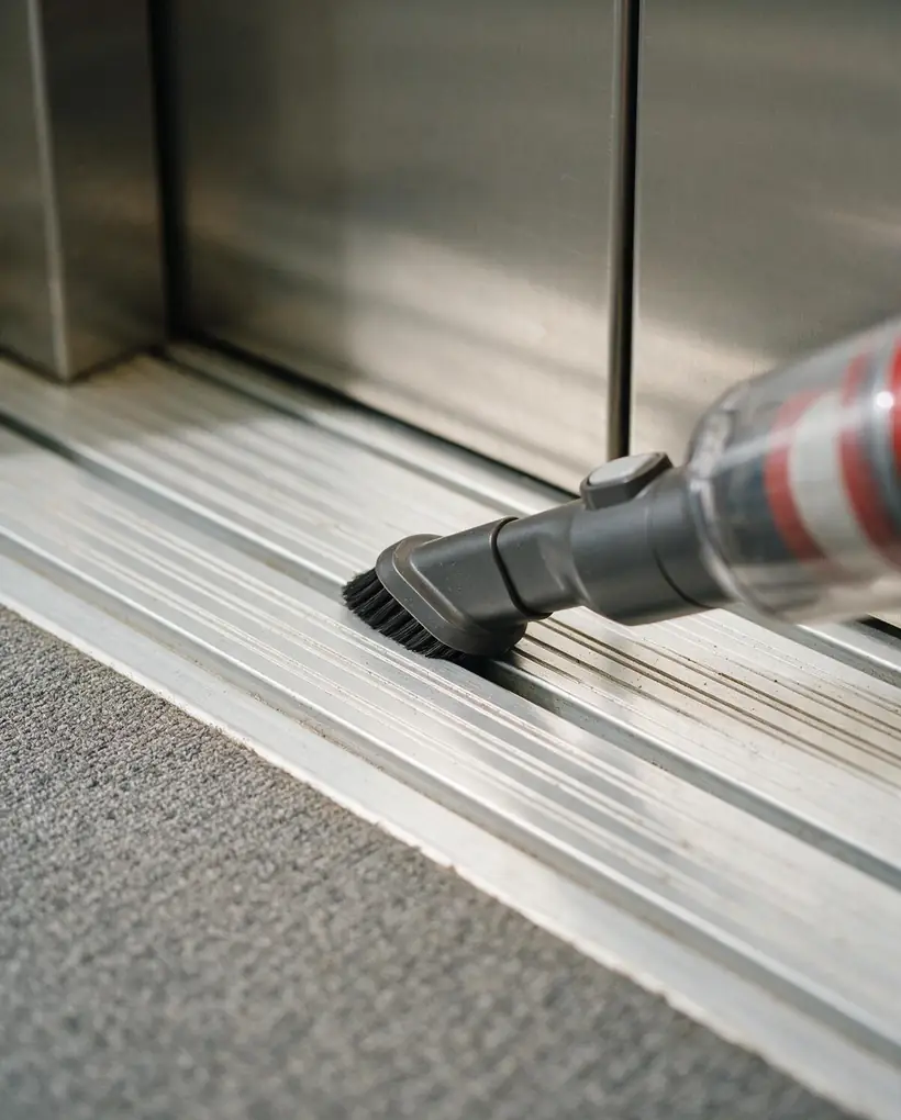 A vacuum crevice tool drawn along the grooved threshold track of an elevator door