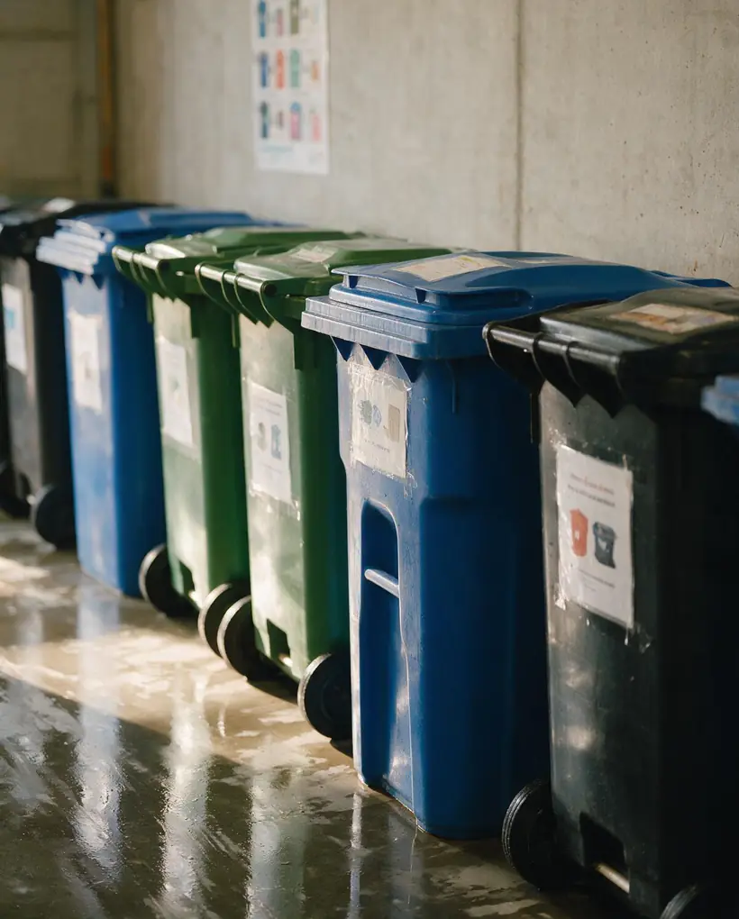 A tidy condominium waste and recycling room with labelled totes on a freshly mopped floor