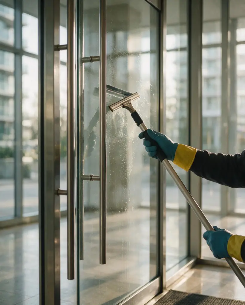 Gloved hands squeegeeing the inside of a tall glass lobby entrance door in morning light