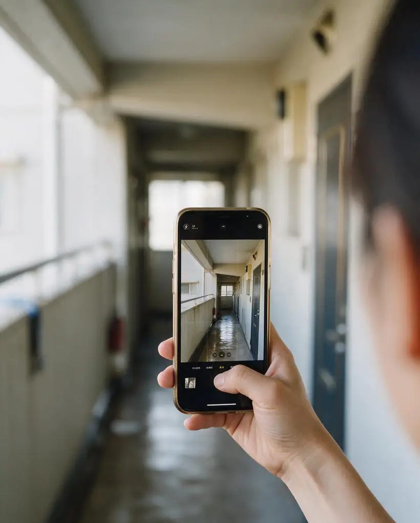 A phone held up to photograph a maintenance issue in a building corridor